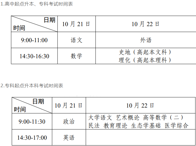 廣州成人高考考試時間安排？